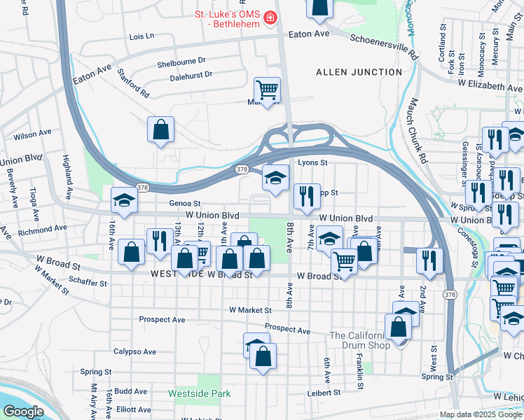 map of restaurants, bars, coffee shops, grocery stores, and more near 1002 West Union Boulevard in Bethlehem