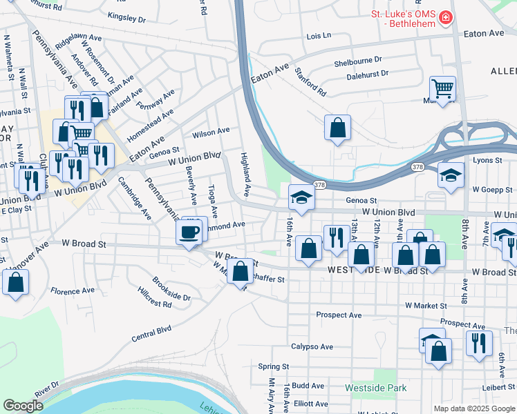 map of restaurants, bars, coffee shops, grocery stores, and more near 1756 West Union Boulevard in Bethlehem
