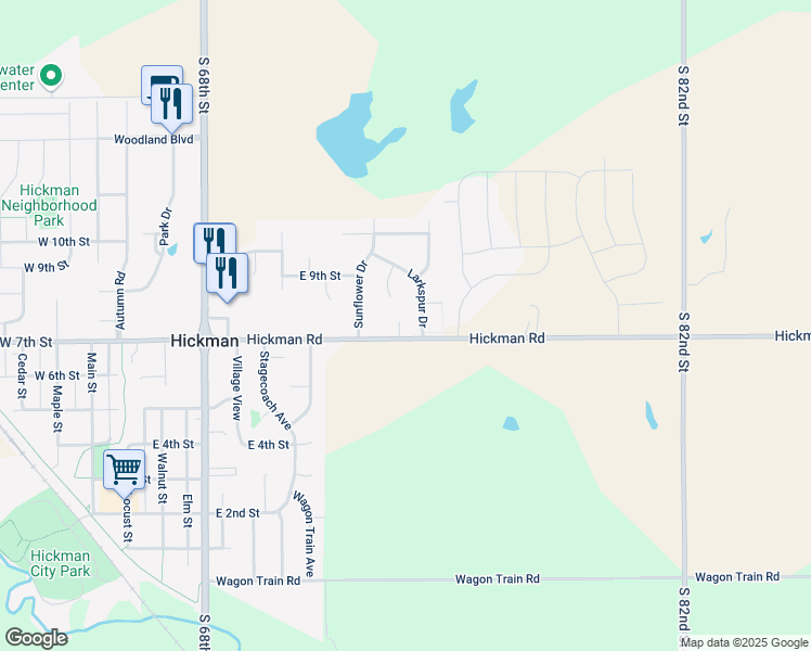 map of restaurants, bars, coffee shops, grocery stores, and more near 745 Larkspur Drive in Hickman