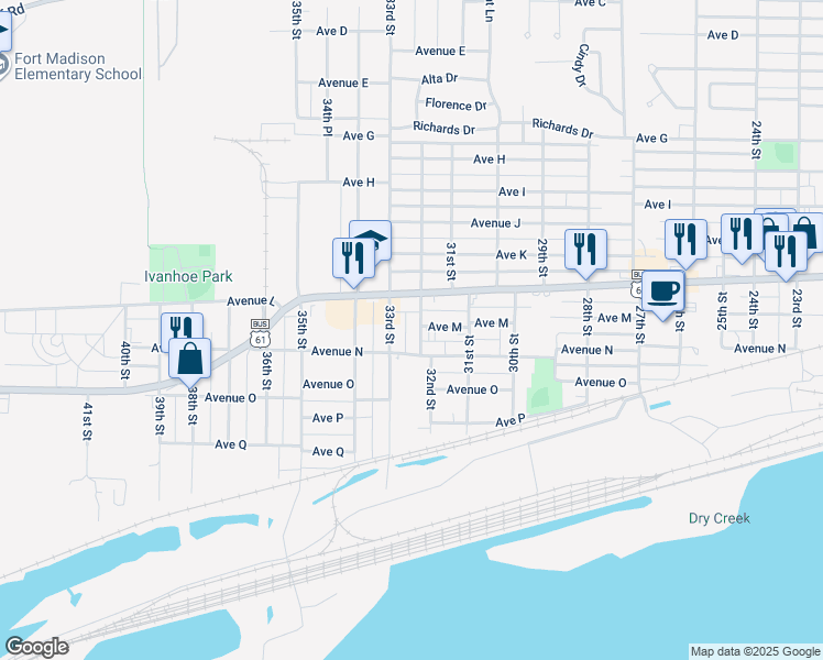 map of restaurants, bars, coffee shops, grocery stores, and more near 1215 32nd Street in Fort Madison