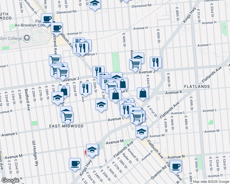 map of restaurants, bars, coffee shops, grocery stores, and more near Avenue K & East 38th Street in Brooklyn