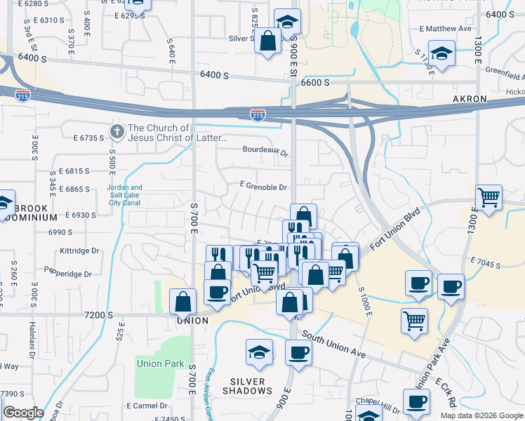 map of restaurants, bars, coffee shops, grocery stores, and more near 6893 South 800 East in Midvale