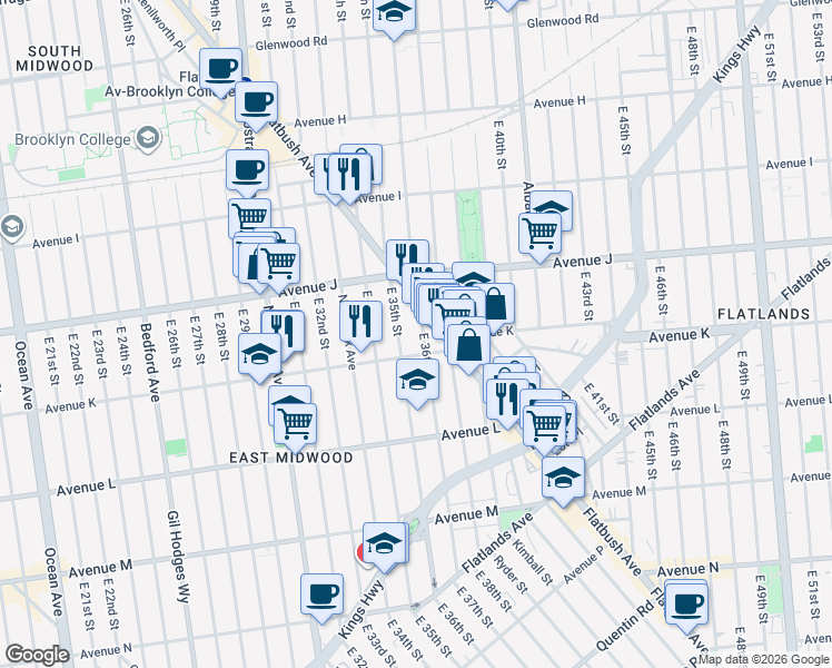 map of restaurants, bars, coffee shops, grocery stores, and more near 1012 East 36th Street in Brooklyn