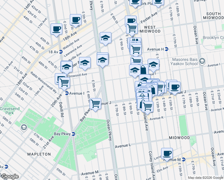 map of restaurants, bars, coffee shops, grocery stores, and more near 1028 East 7th Street in Brooklyn