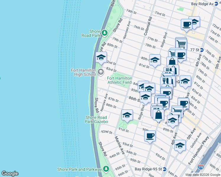 map of restaurants, bars, coffee shops, grocery stores, and more near 40 85th Street in Brooklyn