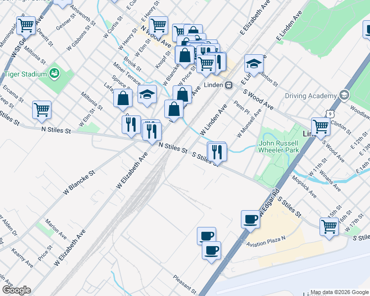 map of restaurants, bars, coffee shops, grocery stores, and more near 416 Lynn Court in Linden
