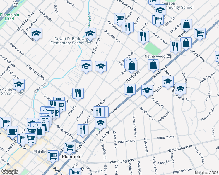map of restaurants, bars, coffee shops, grocery stores, and more near 321 Berckman Street in Plainfield