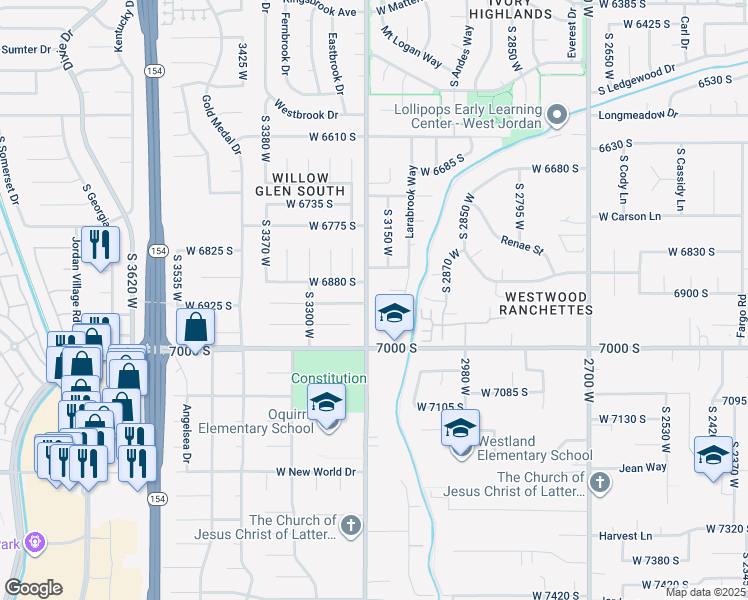 map of restaurants, bars, coffee shops, grocery stores, and more near 6893 3200 West in West Jordan