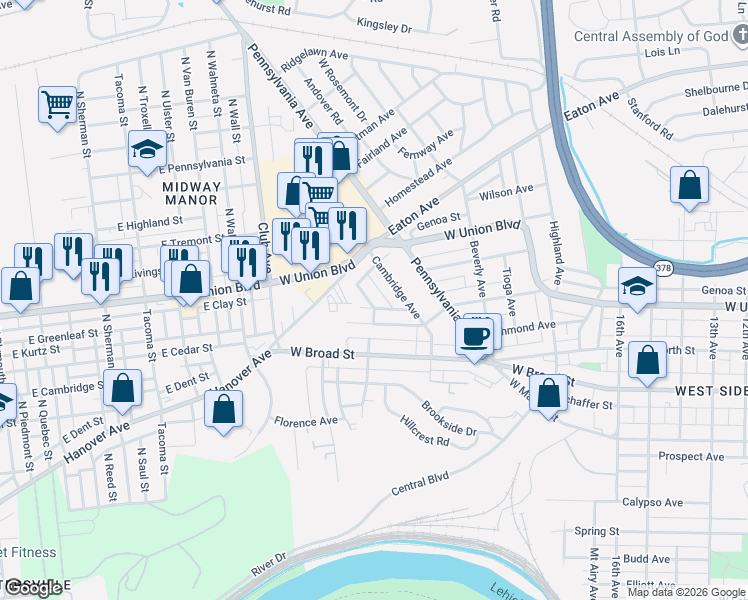 map of restaurants, bars, coffee shops, grocery stores, and more near 742 Keystone Avenue in Bethlehem