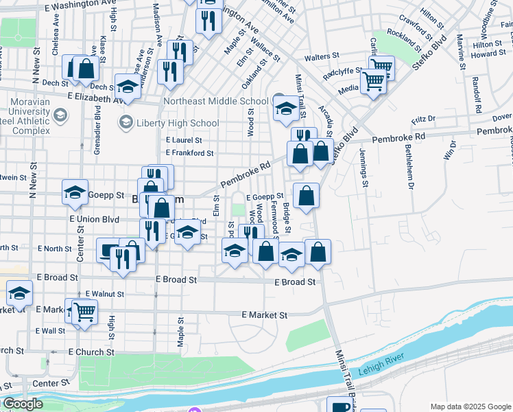 map of restaurants, bars, coffee shops, grocery stores, and more near 821 Wood Street in Bethlehem