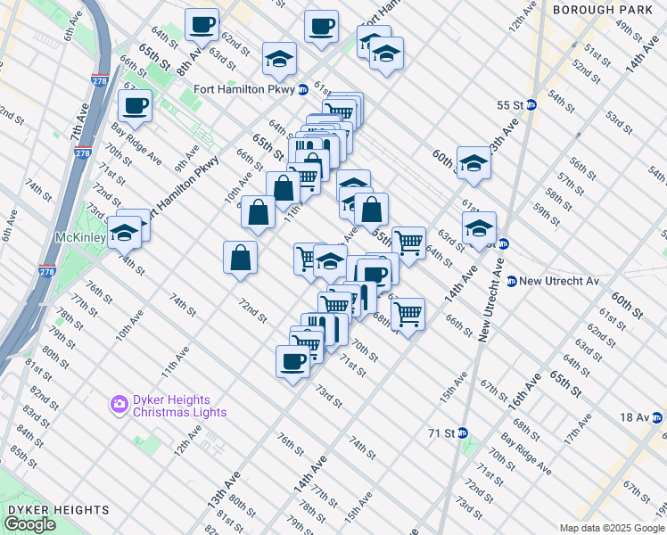 map of restaurants, bars, coffee shops, grocery stores, and more near 6714 12th Avenue in Brooklyn