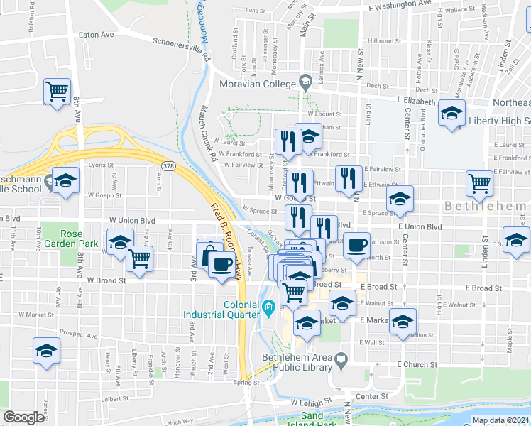 map of restaurants, bars, coffee shops, grocery stores, and more near 813 Monocacy Street in Bethlehem