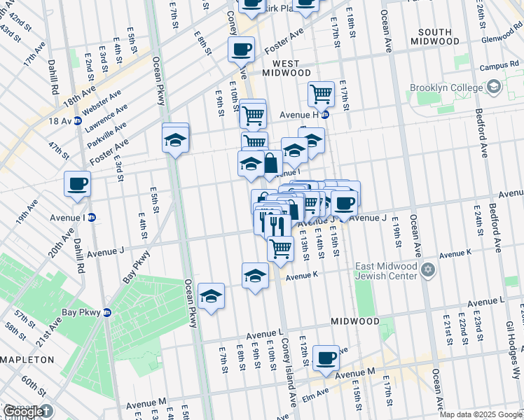 map of restaurants, bars, coffee shops, grocery stores, and more near 1312 Coney Island Avenue in Brooklyn