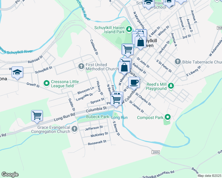 map of restaurants, bars, coffee shops, grocery stores, and more near 76 North Berne Street in Schuylkill Haven