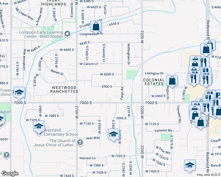 map of restaurants, bars, coffee shops, grocery stores, and more near 2421 West 6900 South in West Jordan