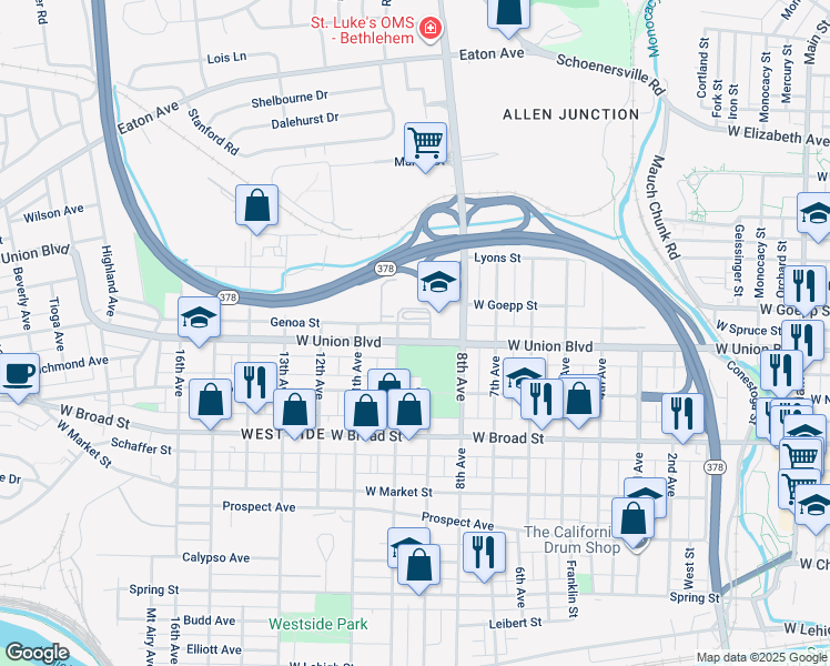 map of restaurants, bars, coffee shops, grocery stores, and more near 1002 West Union Boulevard in Bethlehem