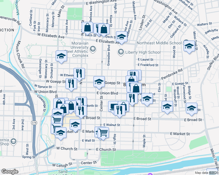 map of restaurants, bars, coffee shops, grocery stores, and more near 127 East Spruce Street in Bethlehem