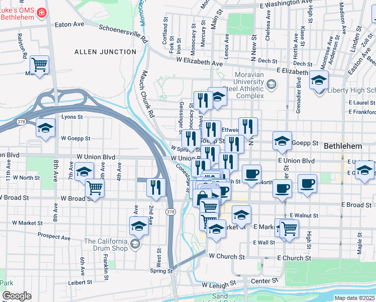 map of restaurants, bars, coffee shops, grocery stores, and more near 813 Monocacy Street in Bethlehem