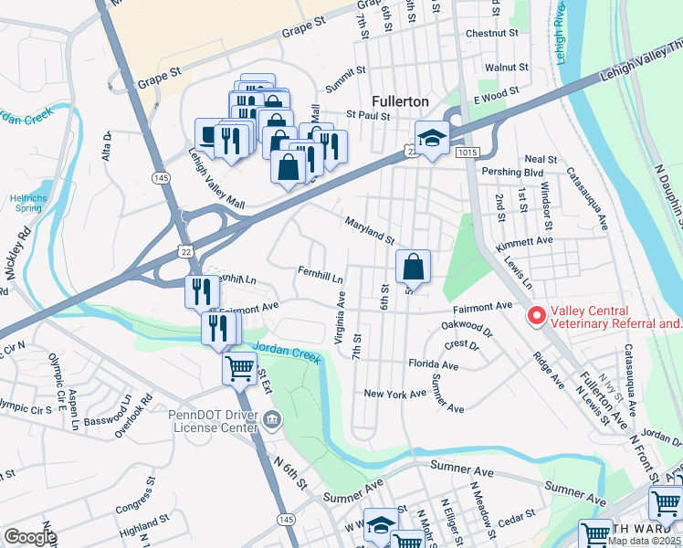 map of restaurants, bars, coffee shops, grocery stores, and more near 711 Pennsylvania Street in Fullerton