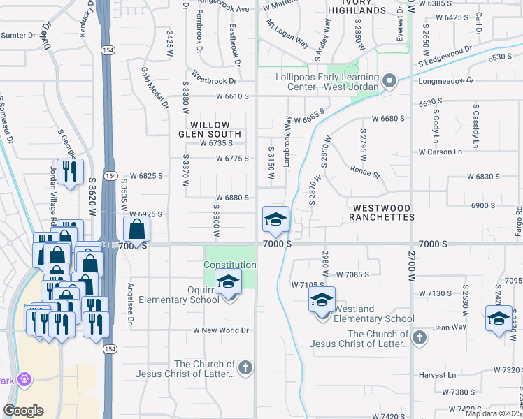 map of restaurants, bars, coffee shops, grocery stores, and more near 6893 3200 West in West Jordan