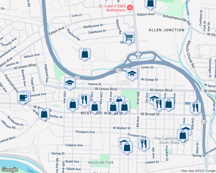 map of restaurants, bars, coffee shops, grocery stores, and more near 1210 West Union Boulevard in Bethlehem