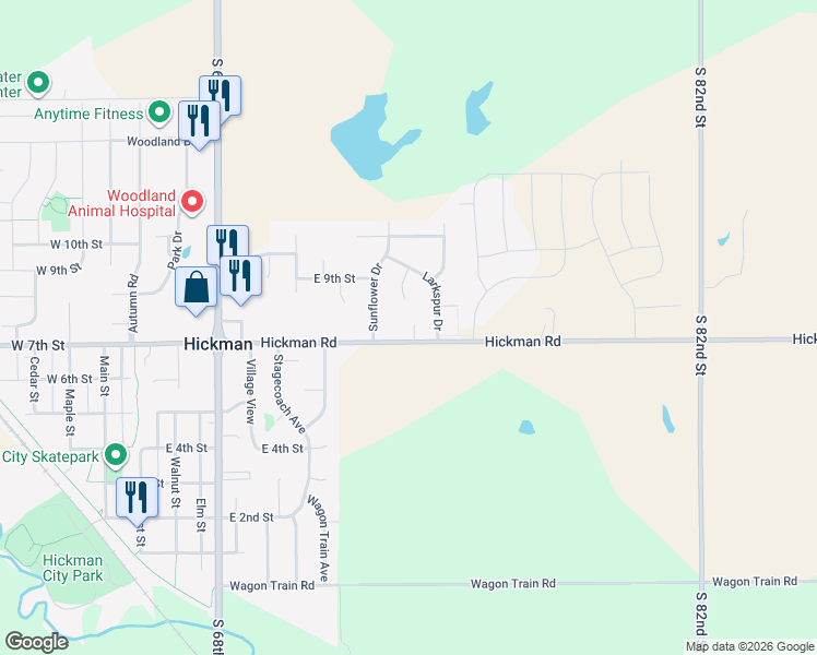 map of restaurants, bars, coffee shops, grocery stores, and more near 800 Goldenrod Circle in Hickman