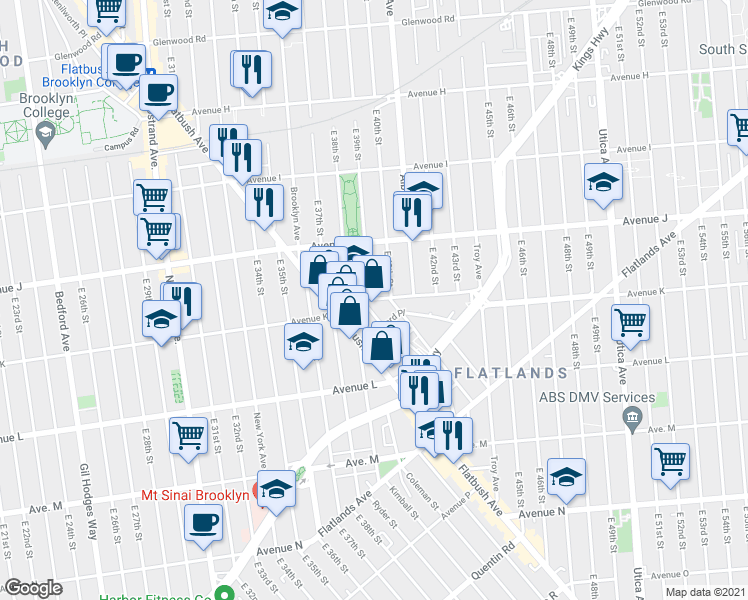 map of restaurants, bars, coffee shops, grocery stores, and more near 3908 Avenue K in Brooklyn