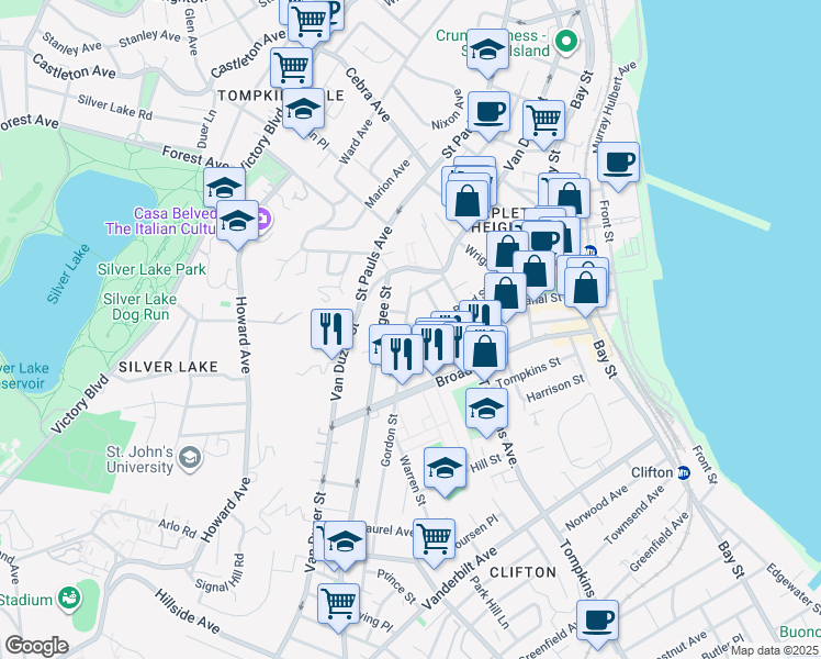 map of restaurants, bars, coffee shops, grocery stores, and more near 51 Gordon Street in Staten Island