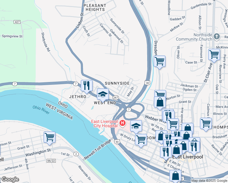 map of restaurants, bars, coffee shops, grocery stores, and more near 805 West 9th Street in East Liverpool