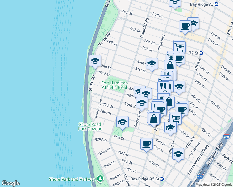 map of restaurants, bars, coffee shops, grocery stores, and more near 78 85th Street in Brooklyn