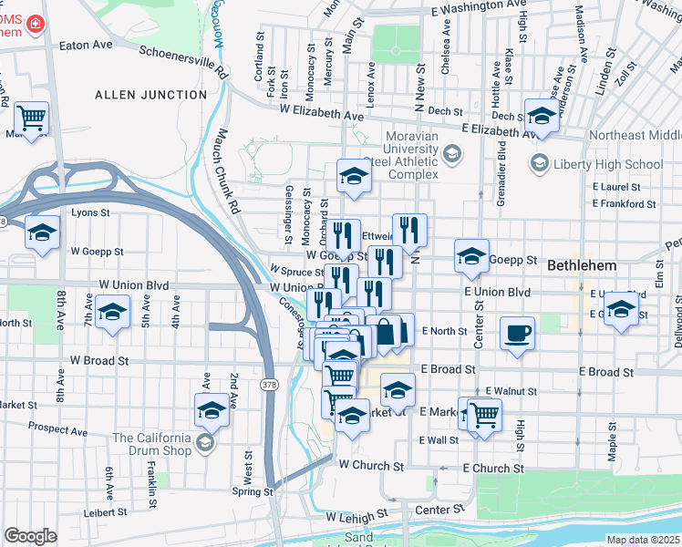 map of restaurants, bars, coffee shops, grocery stores, and more near 814 Main Street in Northampton