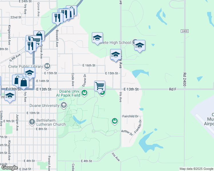 map of restaurants, bars, coffee shops, grocery stores, and more near 1420 East 14th Street in Crete