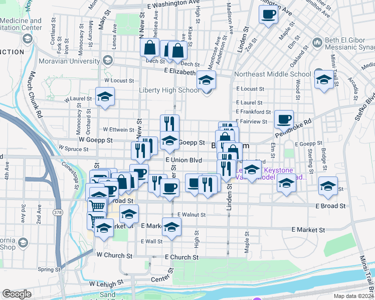 map of restaurants, bars, coffee shops, grocery stores, and more near 127 East Spruce Street in Bethlehem