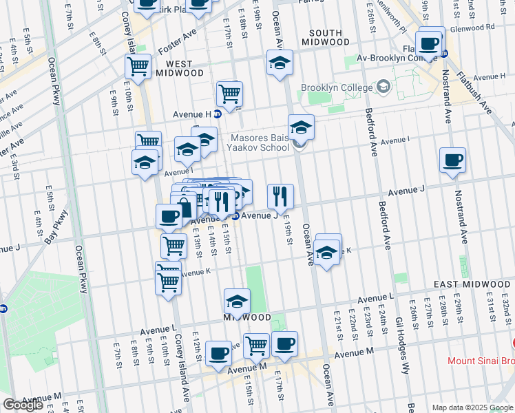 map of restaurants, bars, coffee shops, grocery stores, and more near 1012 East 18th Street in Brooklyn