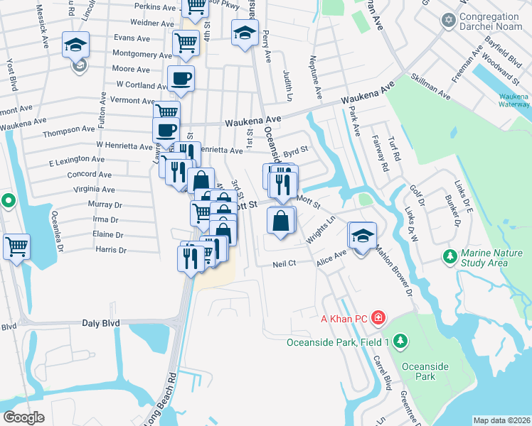 map of restaurants, bars, coffee shops, grocery stores, and more near 350 Hargale Road in Oceanside