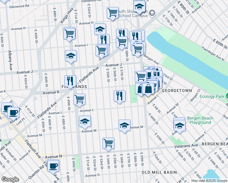 map of restaurants, bars, coffee shops, grocery stores, and more near 1217 East 56th Street in Brooklyn