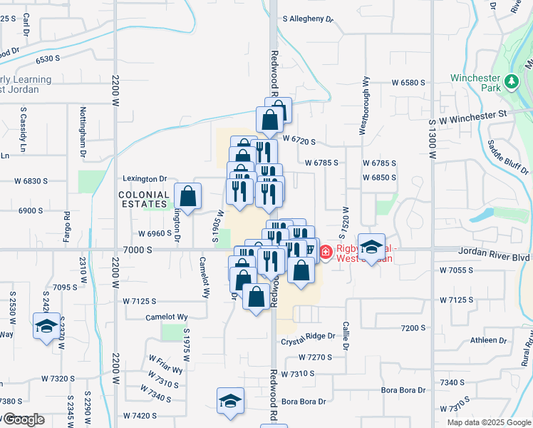 map of restaurants, bars, coffee shops, grocery stores, and more near in West Jordan