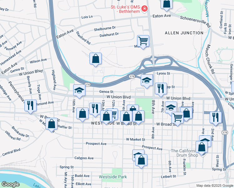 map of restaurants, bars, coffee shops, grocery stores, and more near 1308 Genoa Street in Bethlehem