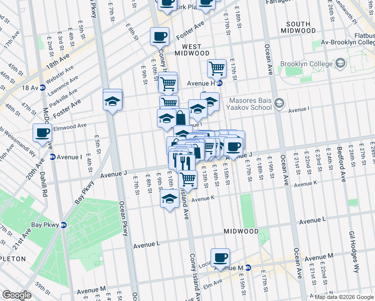 map of restaurants, bars, coffee shops, grocery stores, and more near 960 East 12th Street in Brooklyn