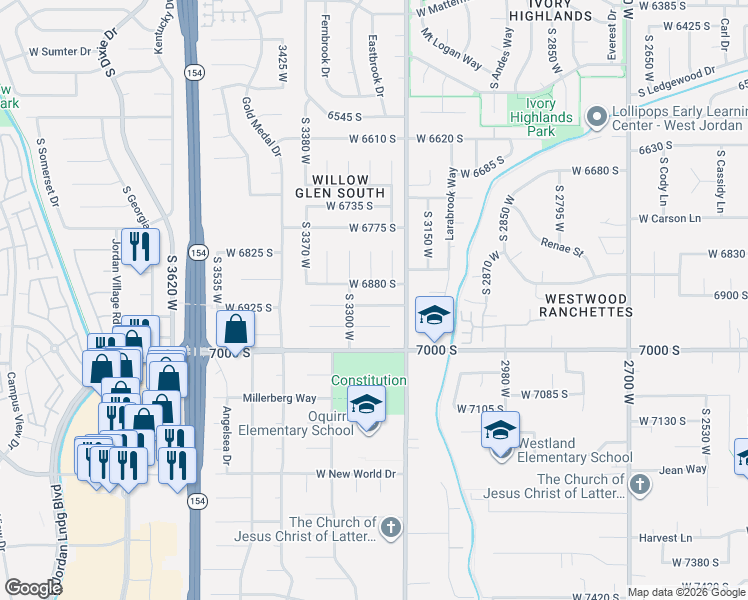 map of restaurants, bars, coffee shops, grocery stores, and more near 3262 West 6920 South in West Jordan