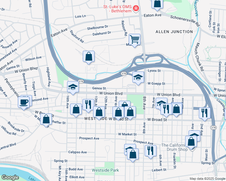 map of restaurants, bars, coffee shops, grocery stores, and more near 1210 West Union Boulevard in Bethlehem