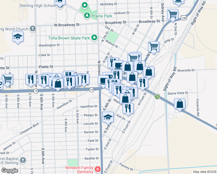 map of restaurants, bars, coffee shops, grocery stores, and more near 425 Poplar Street in Sterling