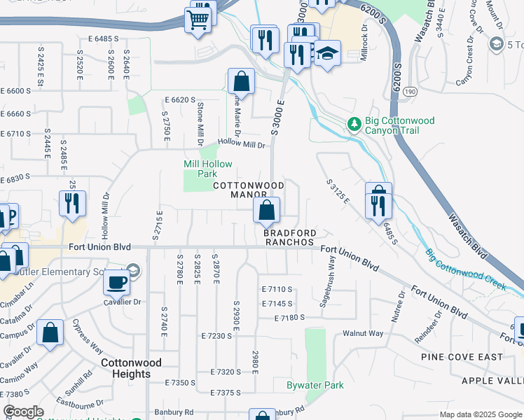 map of restaurants, bars, coffee shops, grocery stores, and more near 2968 Pine View Drive South in Salt Lake City