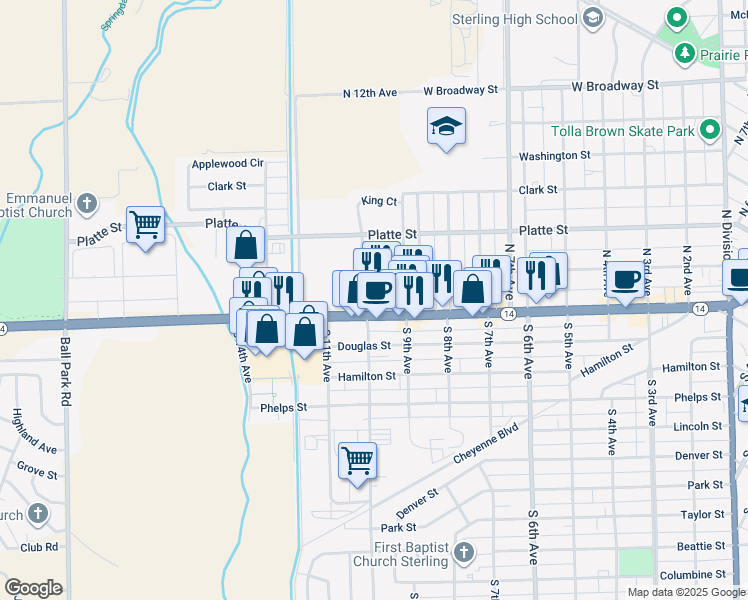 map of restaurants, bars, coffee shops, grocery stores, and more near 1116 West Main Street in Sterling
