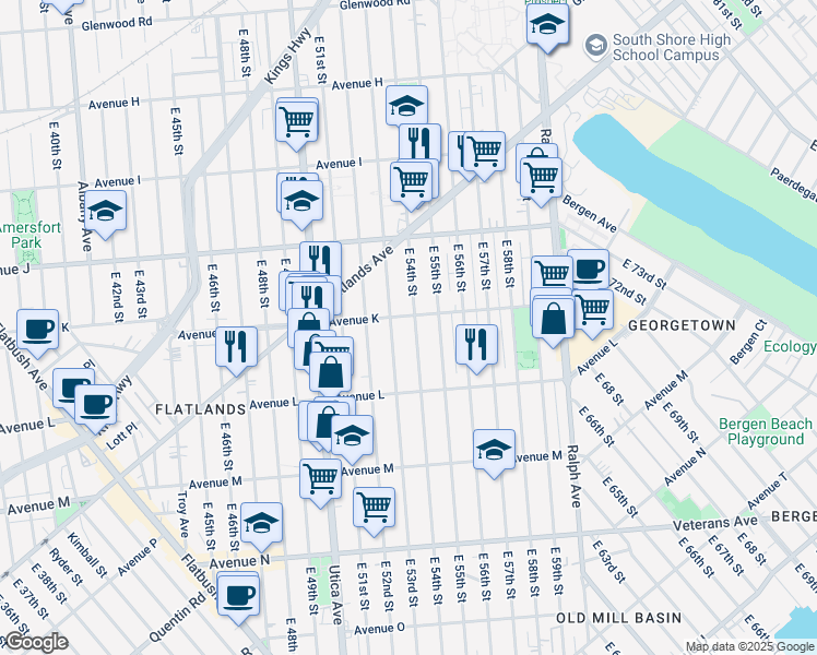 map of restaurants, bars, coffee shops, grocery stores, and more near 5307 Avenue K in Brooklyn