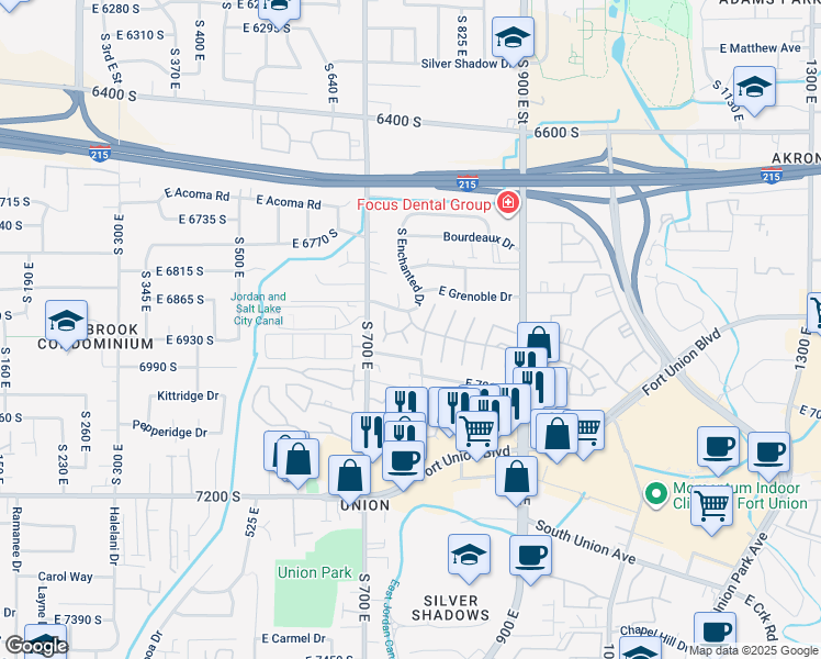 map of restaurants, bars, coffee shops, grocery stores, and more near 6880 South 775 East in Midvale