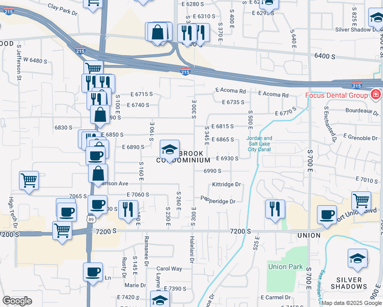 map of restaurants, bars, coffee shops, grocery stores, and more near 6890 South 300 East in Midvale