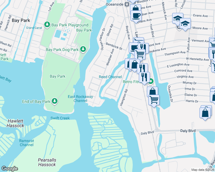 map of restaurants, bars, coffee shops, grocery stores, and more near 3526 Riverside Drive in Oceanside