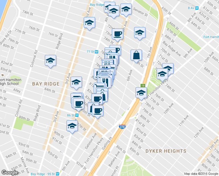 map of restaurants, bars, coffee shops, grocery stores, and more near 516 79th Street in Brooklyn