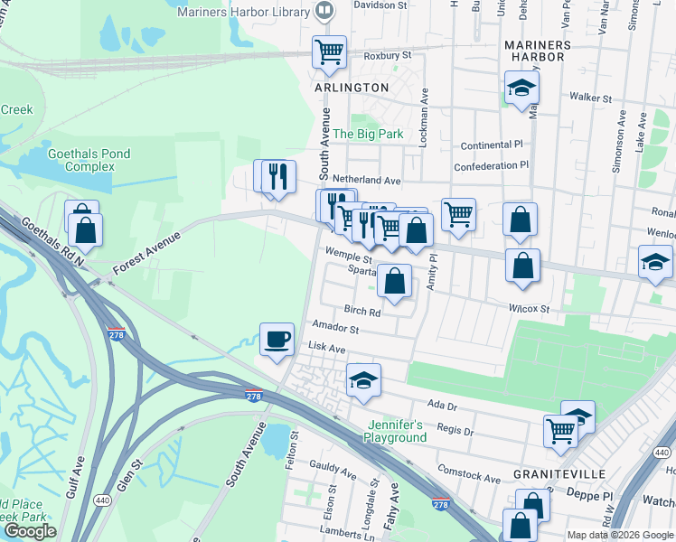 map of restaurants, bars, coffee shops, grocery stores, and more near 119 Spartan Avenue in Staten Island